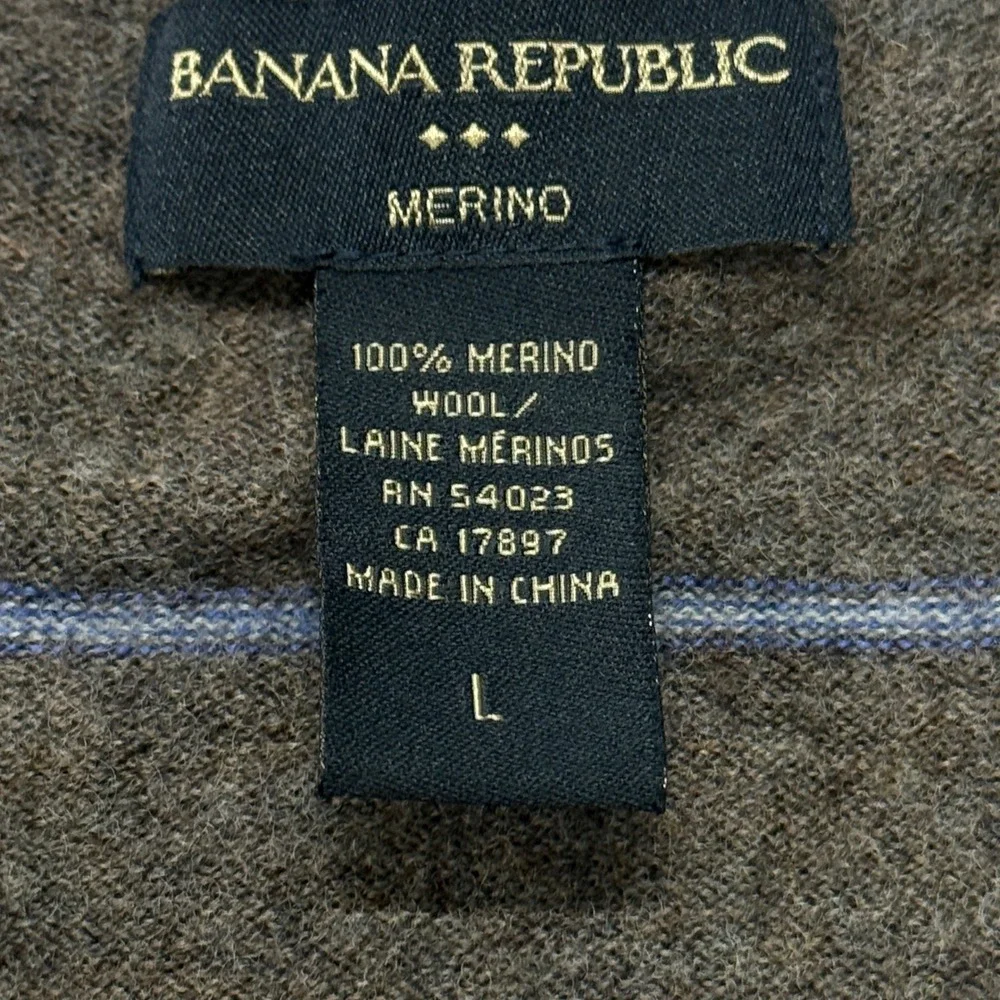 Banana Republic Men Merino Wool V-Neck Striped Sweater Brown Blue Large Pullover